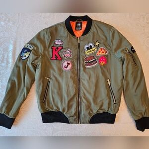 Atmosphere Green Bomber Jacket with Super Cool Unique Patches, Zippers, Size 10